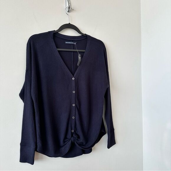 Nwt-Abercrombie & Fitch Super Soft Knot Front Navy Long Sleeve (Size:Small) - Picture 4 of 9